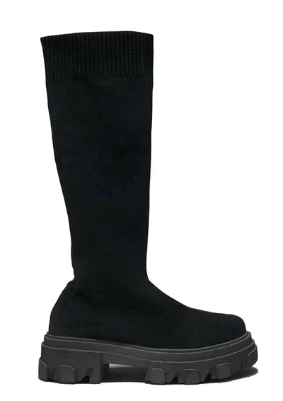 CLAUDIA BLACK CHUNKY SOLE KNIT SOCK KNEE HIGH BOOTS