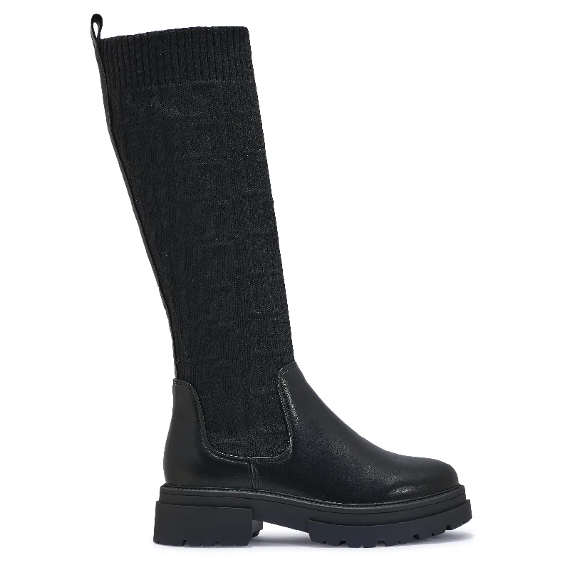 KELLIE BLACK KNIT KNEE HIGH BIKER BOOTS