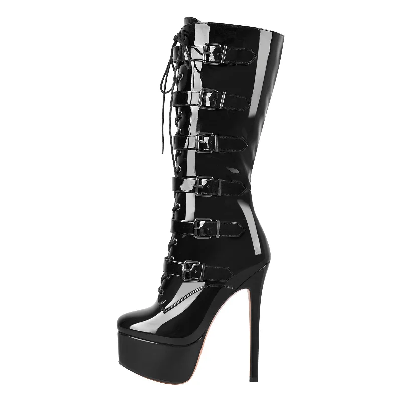 Black Patent Leather Platform Lace Up Knee High Boots