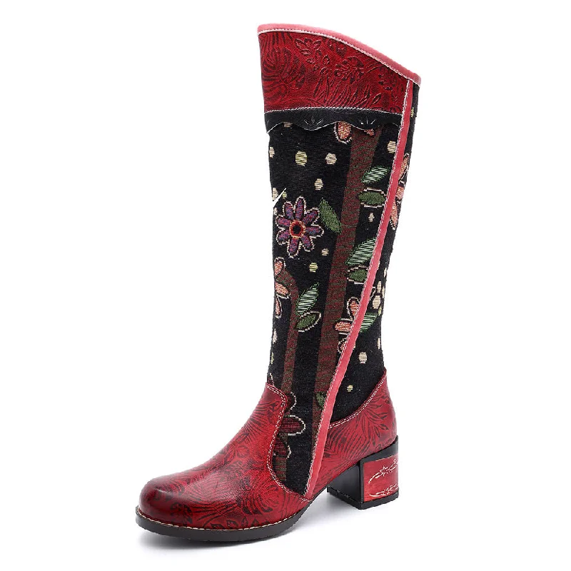 CrazycatZ Womens Leather Bohemian Knee High Boots Patterned Long Boots Vintage Boots Red