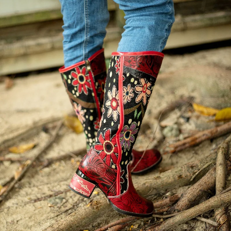 CrazycatZ Womens Leather Bohemian Knee High Boots Patterned Long Boots Vintage Boots Red