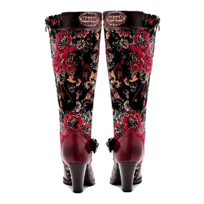 CrazycatZ Womens Leather Bohemian Knee High Boots Patterned Long Boots Vintage Boots Red