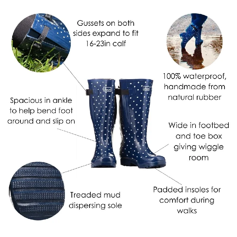 Extra Wide Calf Womens' Rain Boots - Navy Spots - 16-23 Inch Calf - Wide in Foot and Ankle