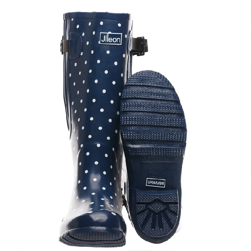 Extra Wide Calf Womens' Rain Boots - Navy Spots - 16-23 Inch Calf - Wide in Foot and Ankle