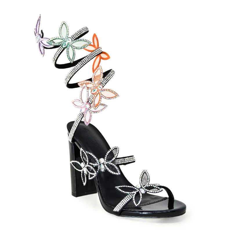 Rhinestone Butterfly Spiral Coil Wrap Around Chunky Block Heels Rainbow