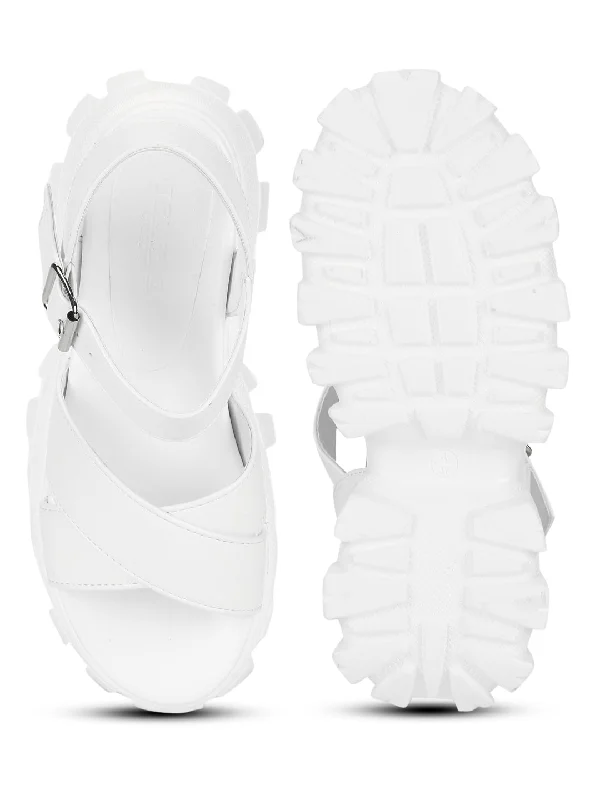 White PU Cleated Bottom Chunky Sandals With Buckle