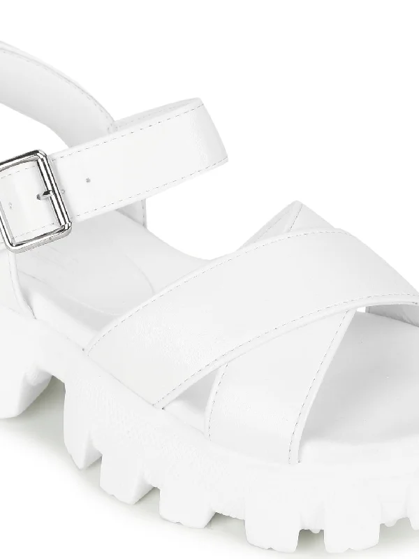 White PU Cleated Bottom Chunky Sandals With Buckle