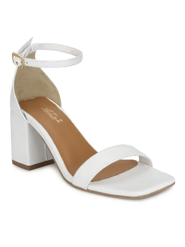 White PU Block Heel Sandals