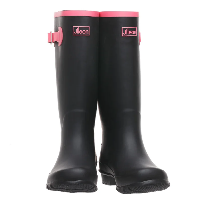 Wide Calf Rain Boots Black with Pink Trim - up to 18 inch Calf - Wide in Foot and Ankle