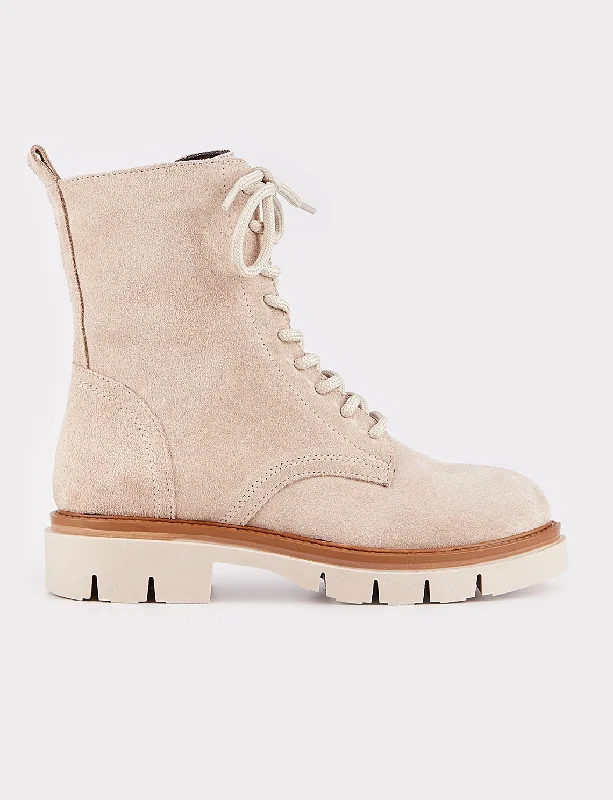 Women Beige Suede Genuine Leather Combat Boots