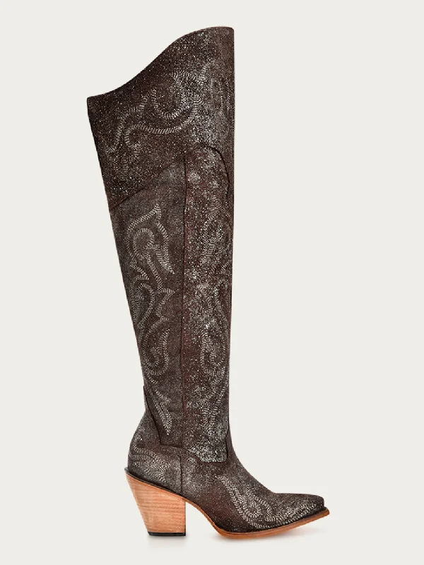 Z5242 - WOMEN'S BROWN-SILVER METALLIZED EMBROIDERY SCRUNCHABLE TALL TOP POINTED TOE COWBOY BOOT