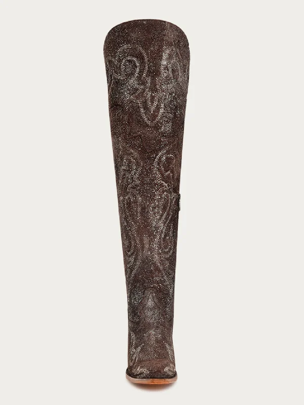 Z5242 - WOMEN'S BROWN-SILVER METALLIZED EMBROIDERY SCRUNCHABLE TALL TOP POINTED TOE COWBOY BOOT