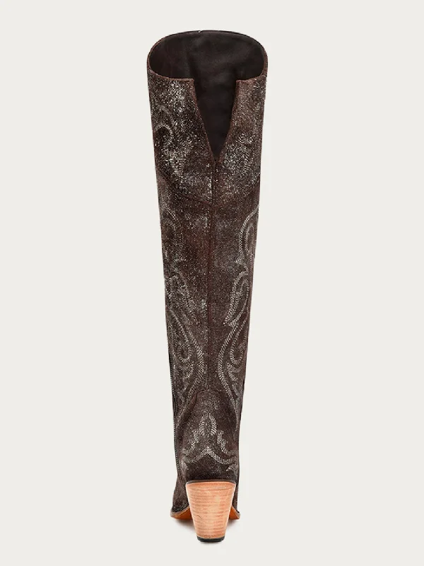 Z5242 - WOMEN'S BROWN-SILVER METALLIZED EMBROIDERY SCRUNCHABLE TALL TOP POINTED TOE COWBOY BOOT