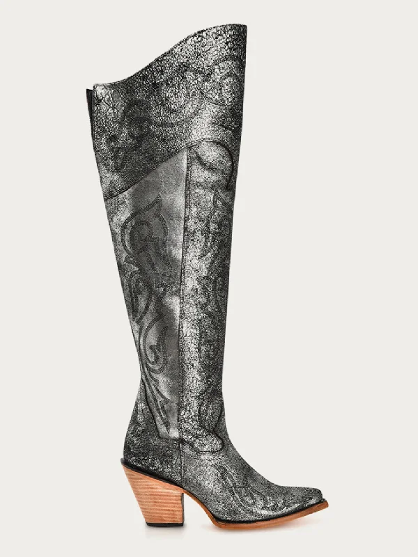 Z5245 - WOMEN'S OLD-SILVER METALLIZED EMBROIDERY SCRUNCHABLE TALL TOP POINTED TOE COWBOY BOOT