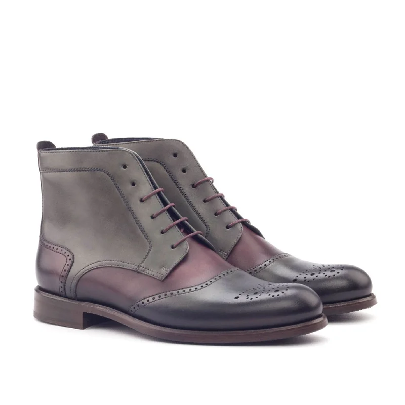 Ambrogio Bespoke Custom Women's Custom Made Shoes Burgundy & Gray Calf-Skin Leather Brogue Boots (AMBW1039)