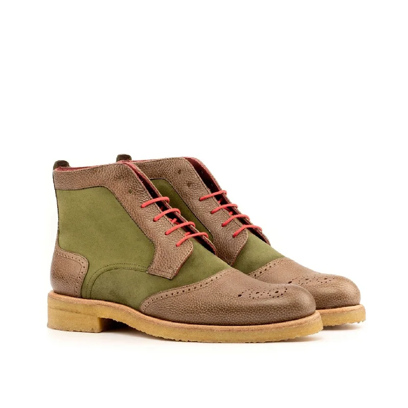 Ambrogio Bespoke Custom Women's Custom Made Shoes Green & Brown Suede / Full Grain Leather Brogue Boots (AMBW1040)