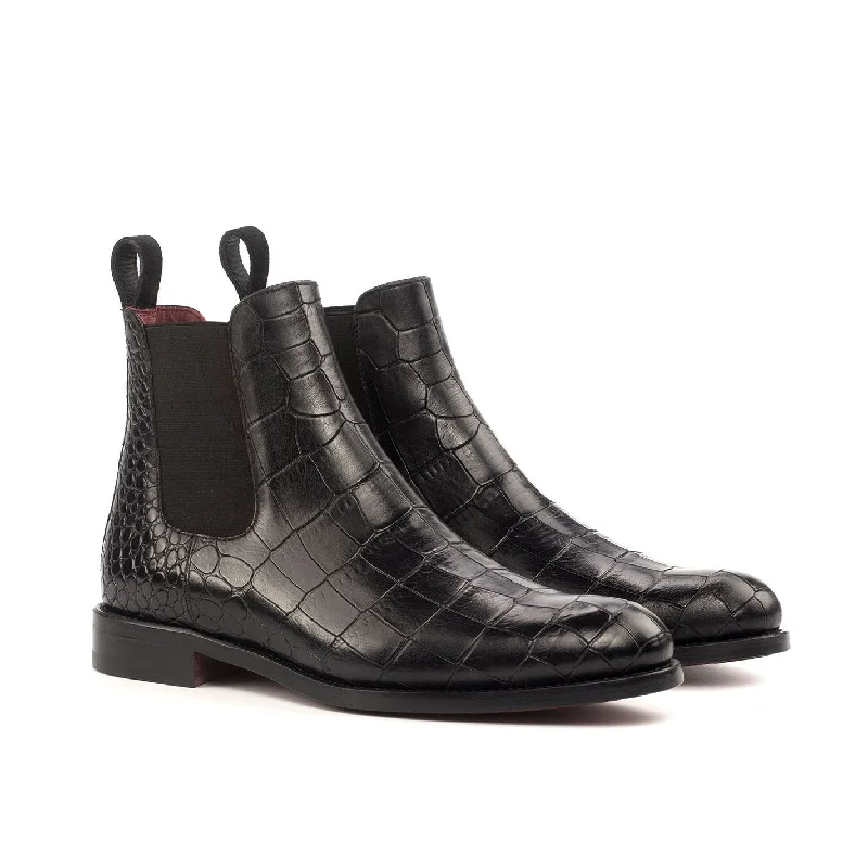 Ambrogio Bespoke Custom Women's Shoes Black Crocodile Print / Suede Leather Chelsea Boots (AMBW1096)