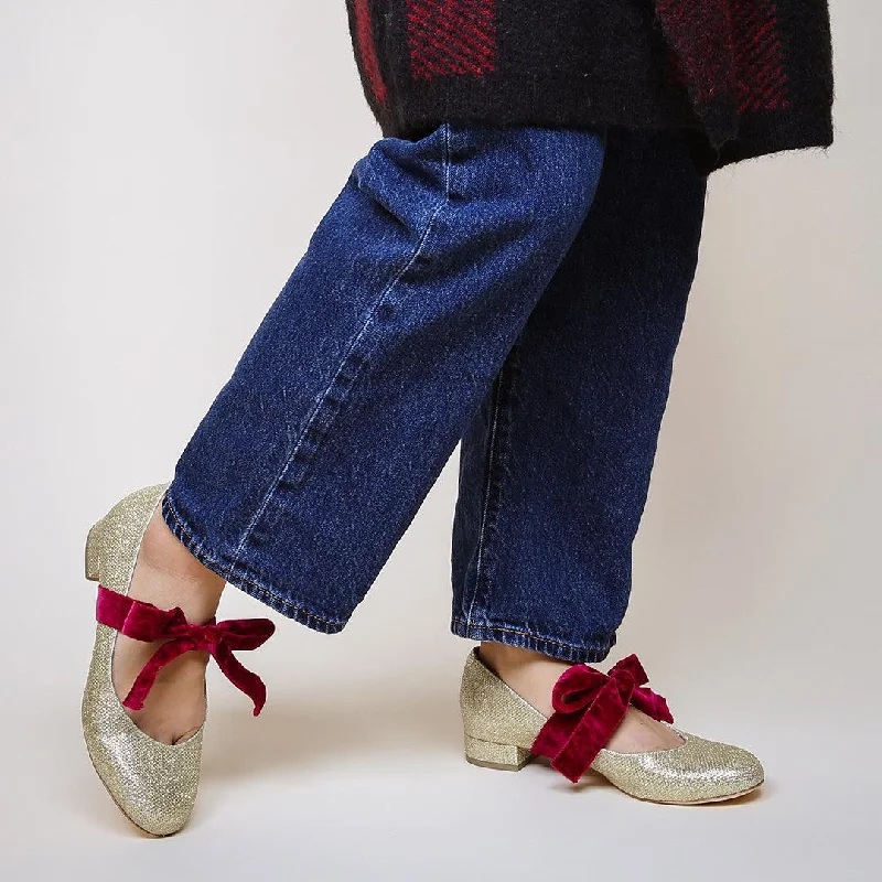 Gold Glitter Ballet Flat + Red Velvet Marie Strap