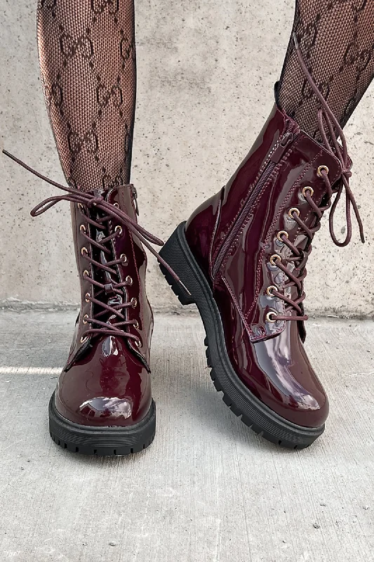 Doorbuster Lennox Patent Leather Combat Boots (Wine Patent)