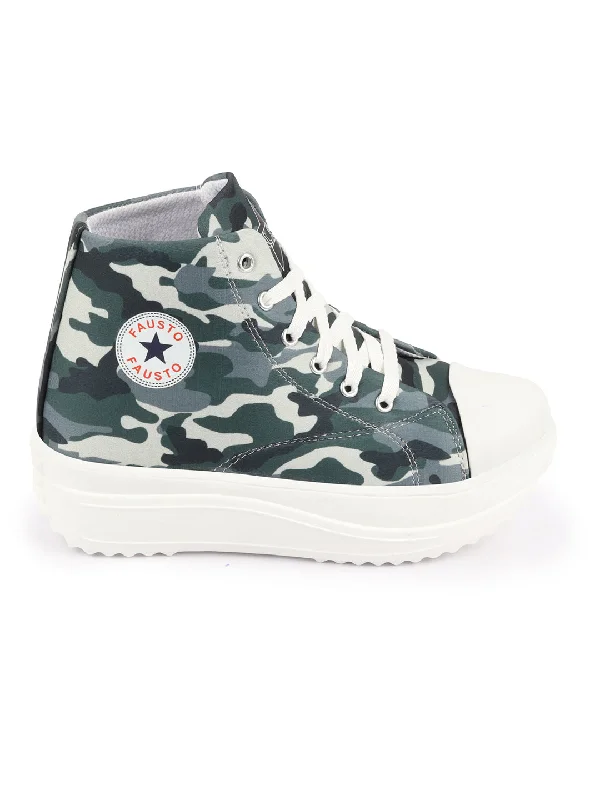 Women Military High Ankle Top Wedge Heels Camouflage Print Canvas Lace Up Sneakers Shoes