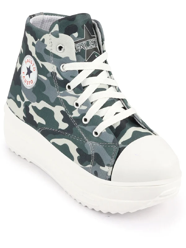 Women Military High Ankle Top Wedge Heels Camouflage Print Canvas Lace Up Sneakers Shoes