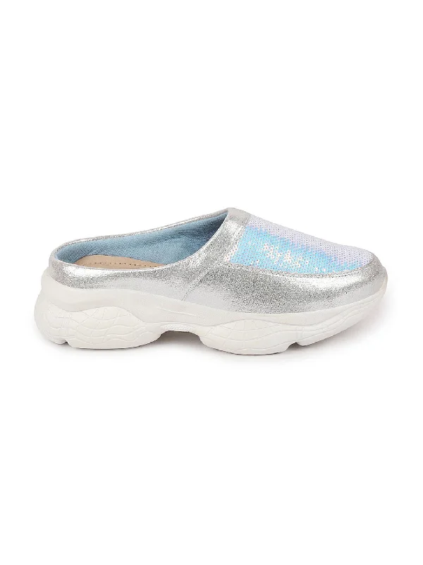 Women Silver Back Open Embellished Slip On Mules