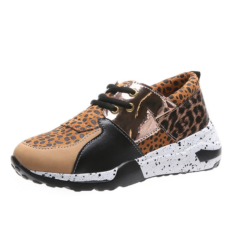 Spring Autumn Leopard Pattern Flat Heel Lace-up Casual Shoes for Women