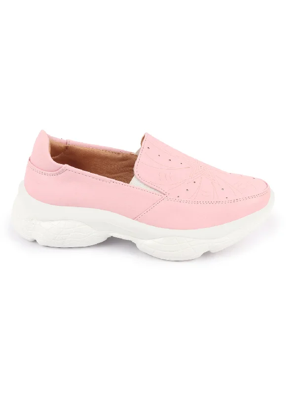 Women Pink Printed Design Stitched Comfort Slip On Sneaker Shoes