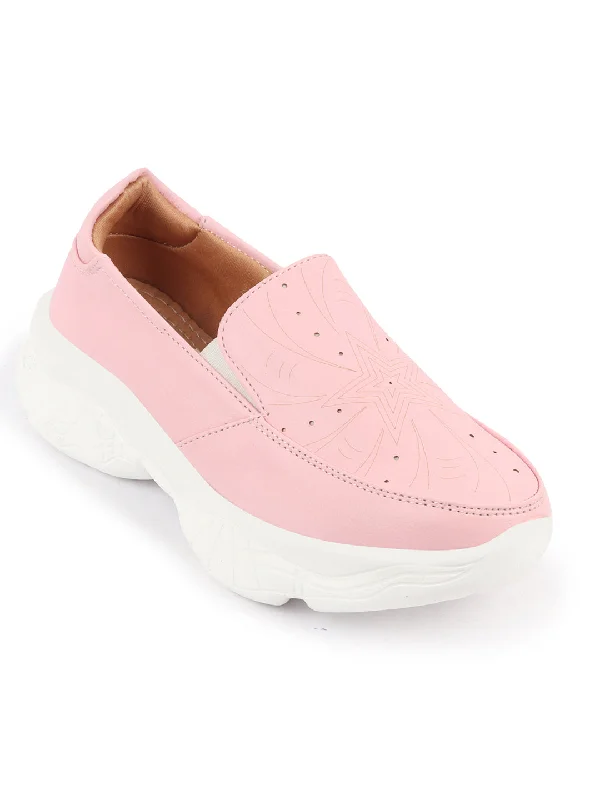 Women Pink Printed Design Stitched Comfort Slip On Sneaker Shoes