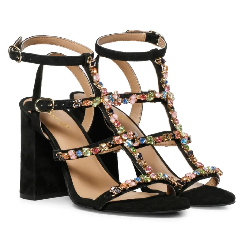 Saint Gretel Multi Stone Embellished Black Leather Cage Block Heels