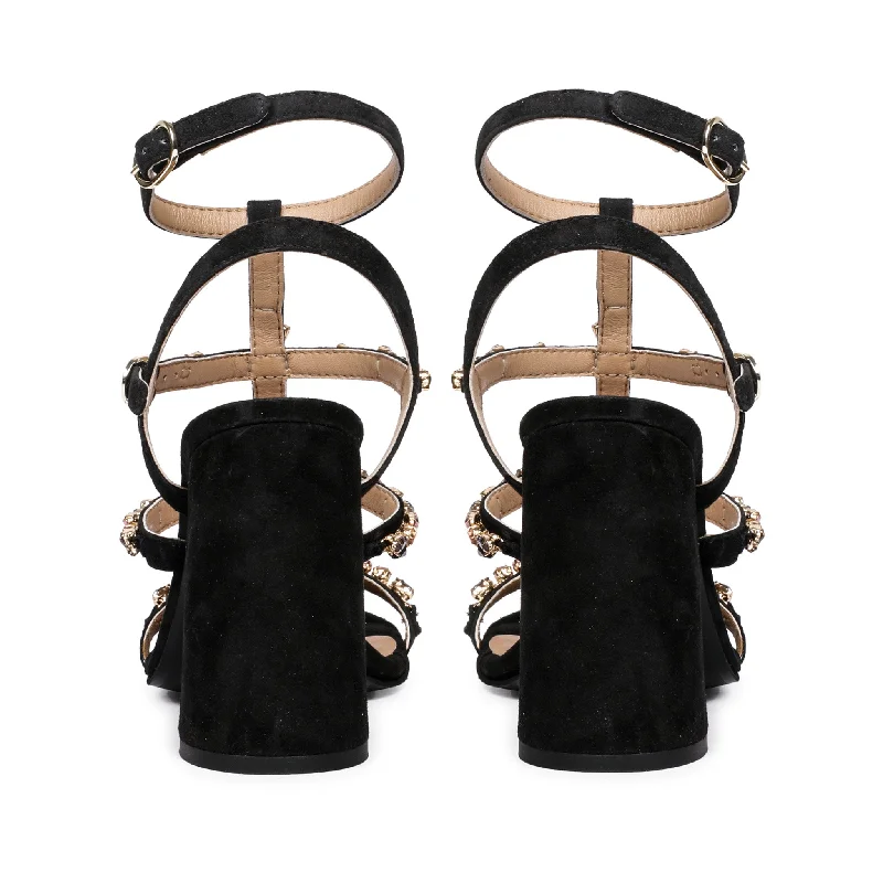 Saint Gretel Multi Stone Embellished Black Leather Cage Block Heels