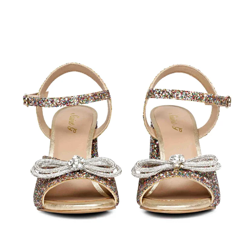 Saint Leonara Bow Detail Multi Glitter Leather Block Heels