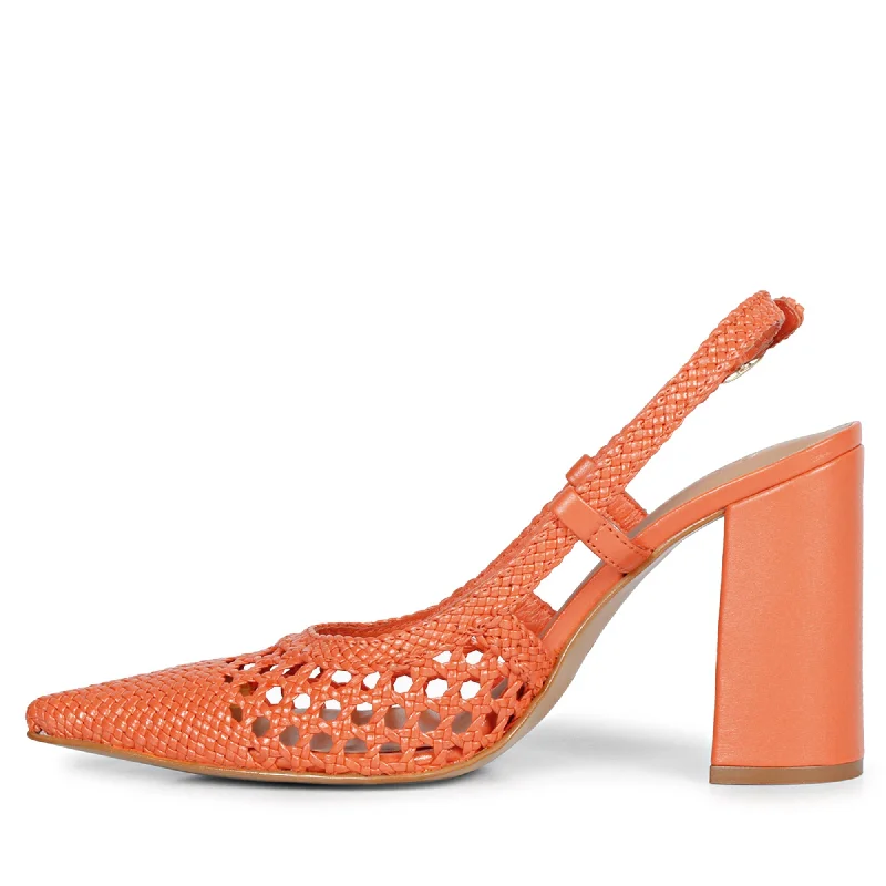 Saint Malea Orange Hand Woven Leather Block Heels