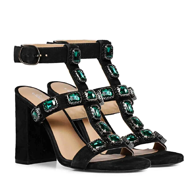 Saint Shirley Green Stone Embellished Black Leather Block Heels